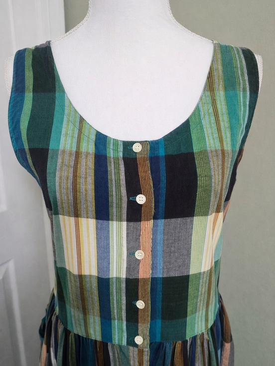 Vintage 90s Erika Plaid Cotton Midi Dress Lagenlook Bubble Hem Pockets Tie Back - Picture 2 of 11